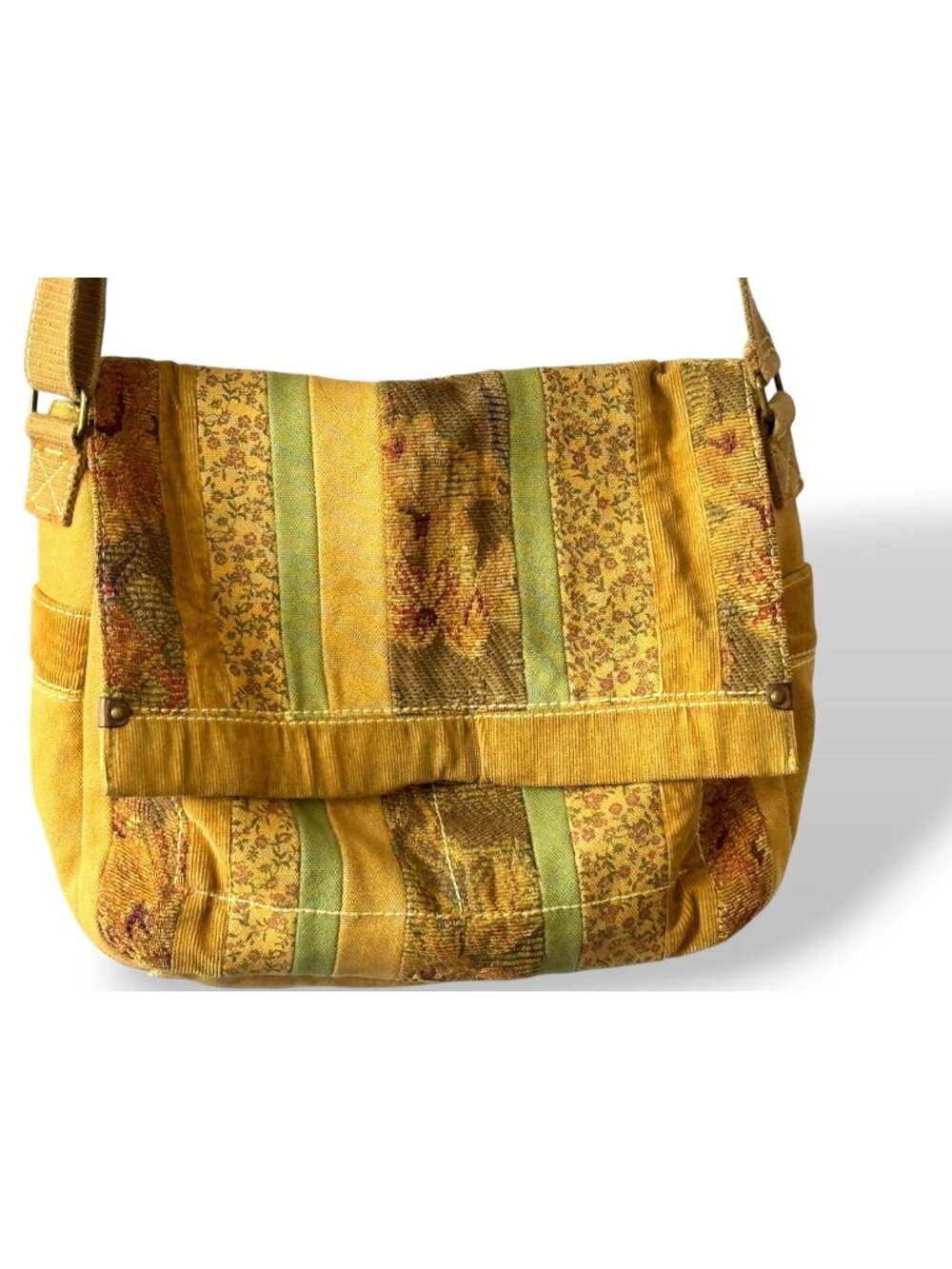 Fossil 1990s Floral Tapestry Shoulder Bag Vintage Beige Green Stripe Adjustable